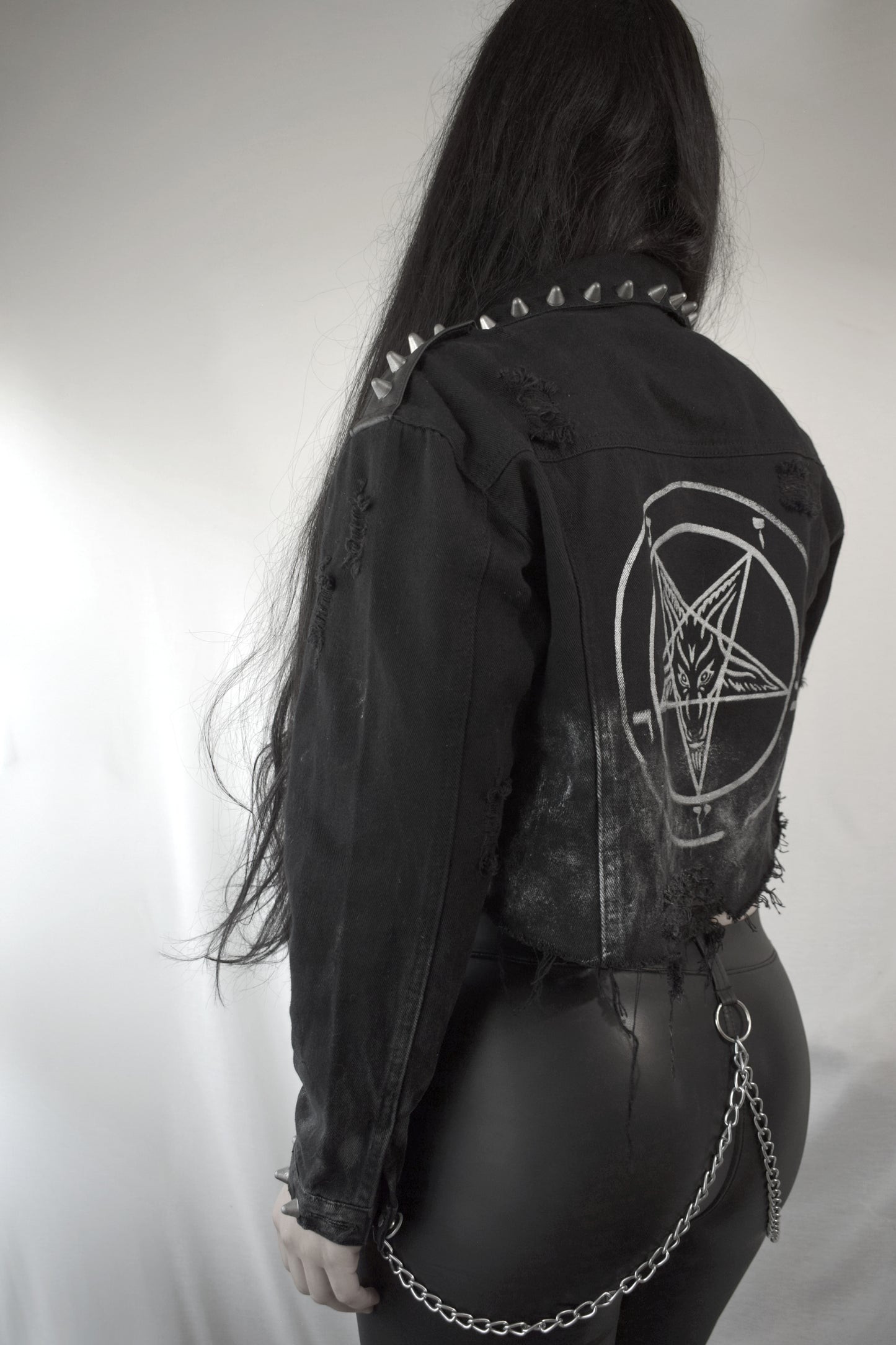 Pentagram custom denim Battle Jacket Distressed Denim Spike Studs