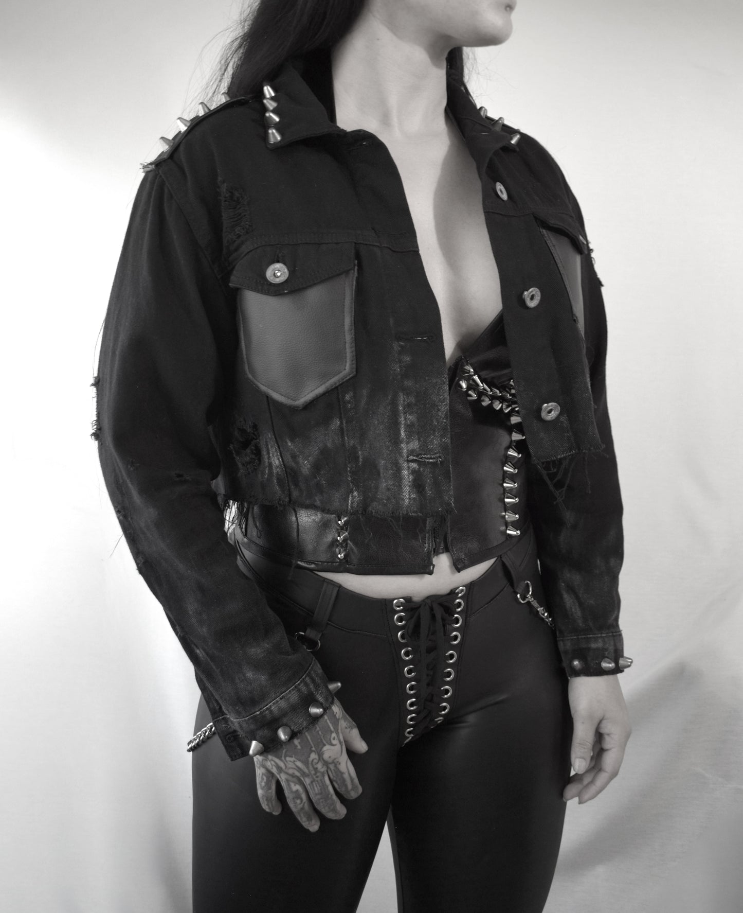 Pentagram custom denim Battle Jacket Distressed Denim Spike Studs