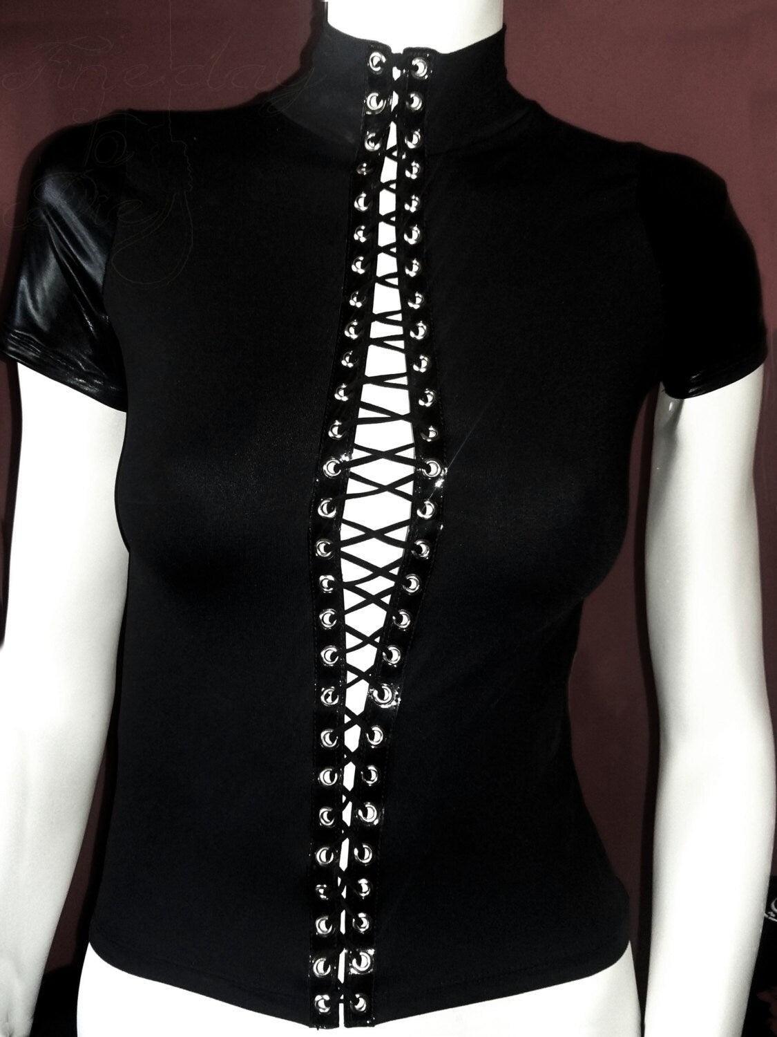 Pvc Black laced up top,latex Long Sleeve shirt corset style lace up top pvc top latex look - Finedaytodie