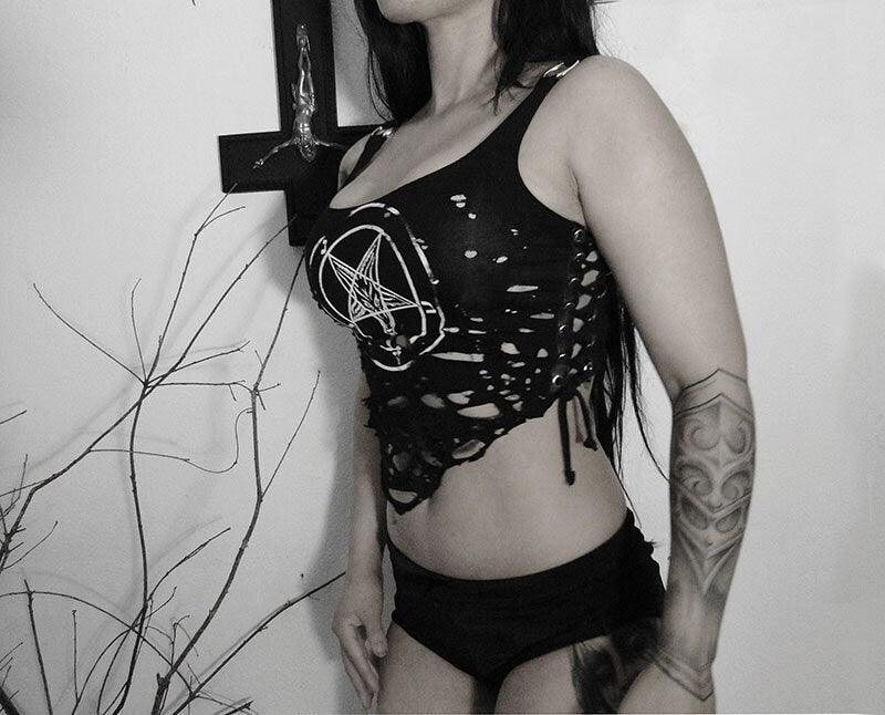 Handmade Pentagram - Baphomet - Destroyed/distressed top Cropped - lace up sides - Finedaytodie