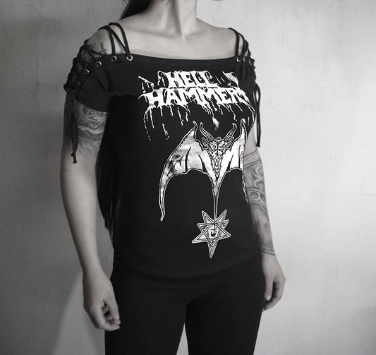 Hellhammer Satanic Rites ⇹ black metal Lace Up Eyelet Off Shoulder ⇹ Hellhammer black metal t shirt ⇹ black metal⇹ Death metal tshirt