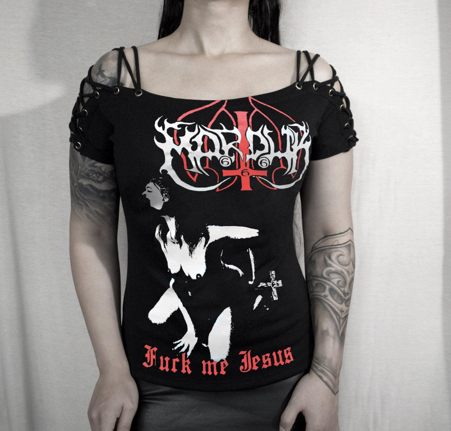 Marduk - Fuck me Jesus shirt Lace Up Eyelet Off Shoulder - Finedaytodie
