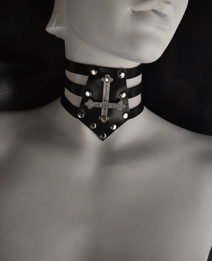 Blasphemic Vegan leather choker  ※ Antichrist necklace ※ Inverted cross pendant