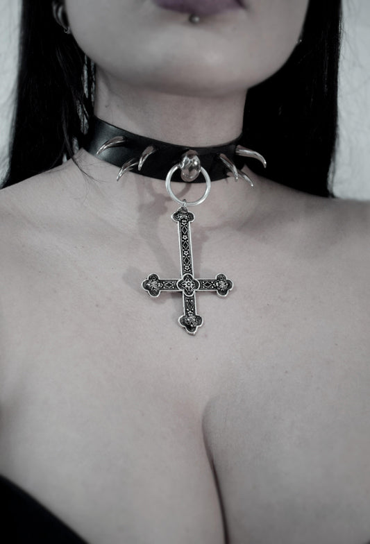 Faux leather Spike and studs choker Upside-down cross Antichrist necklace features inverted cross.