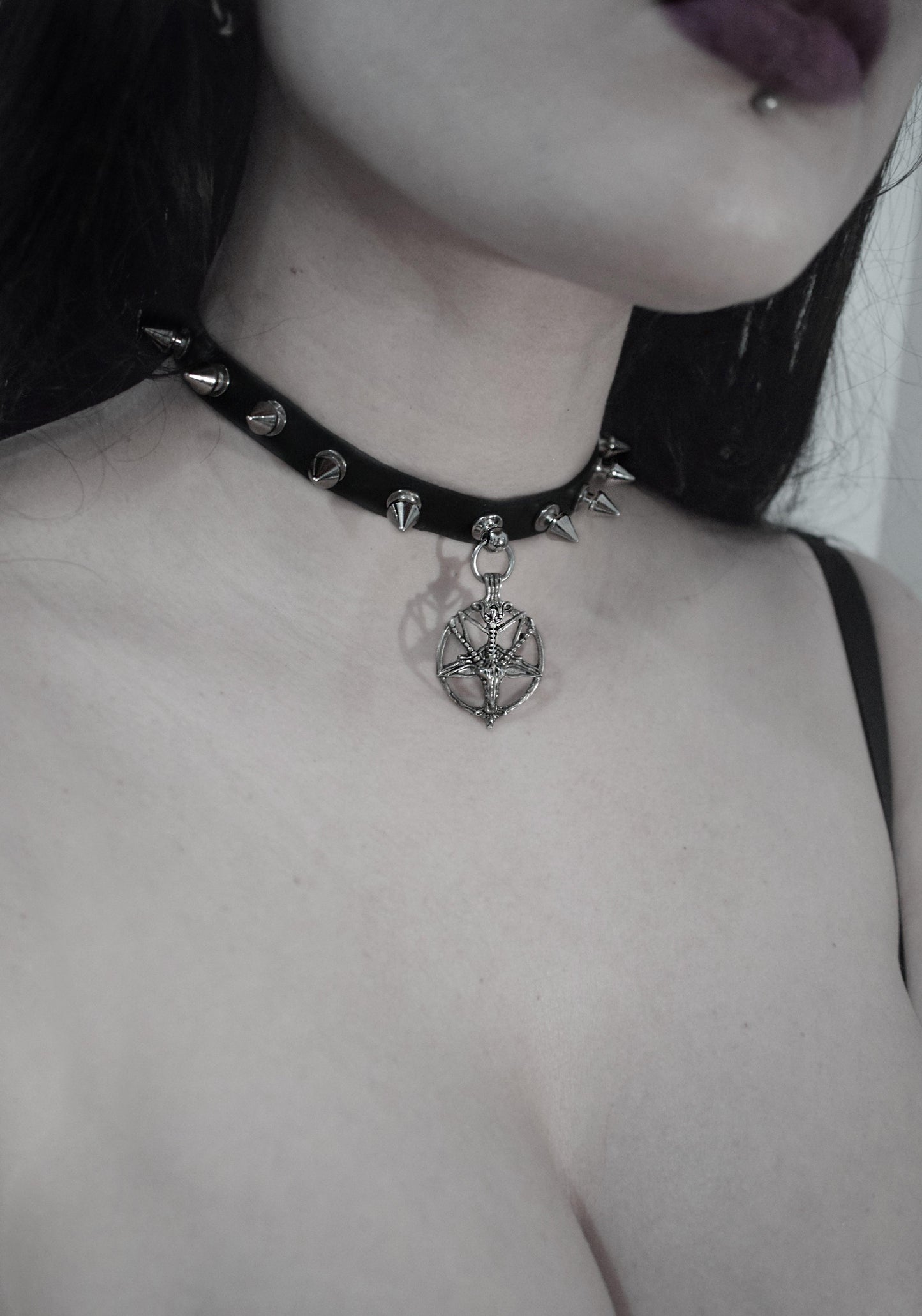 Faux Leather Spikes studs choker necklace Goat Baphomet Pentagram  - Antichrist  Satanic  pendant - pentagram choke