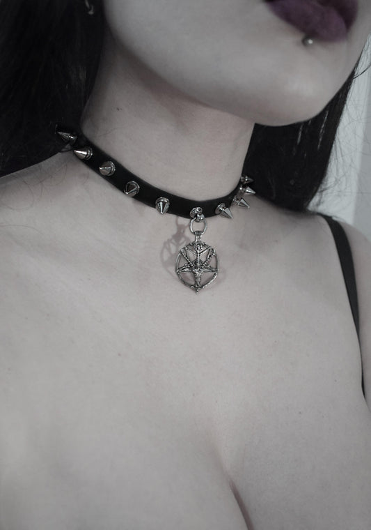 Faux Leather Spikes studs choker necklace Goat Baphomet Pentagram  - Antichrist  Satanic  pendant - pentagram choke