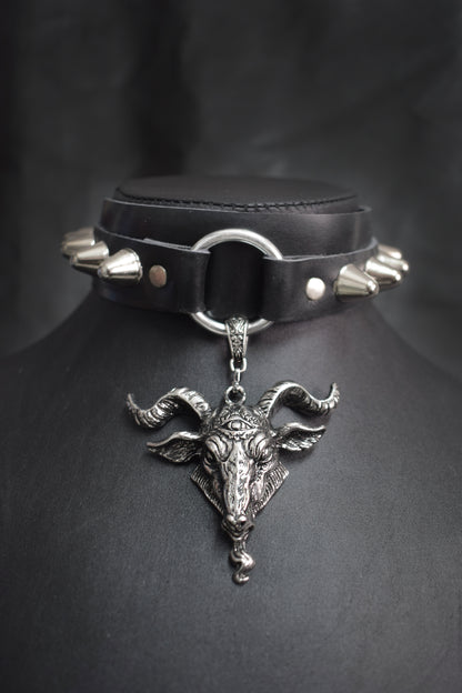 Handmade Vegan Leather Choker,Spikes  O-ring Baphomet pendant -  Black metal Collar