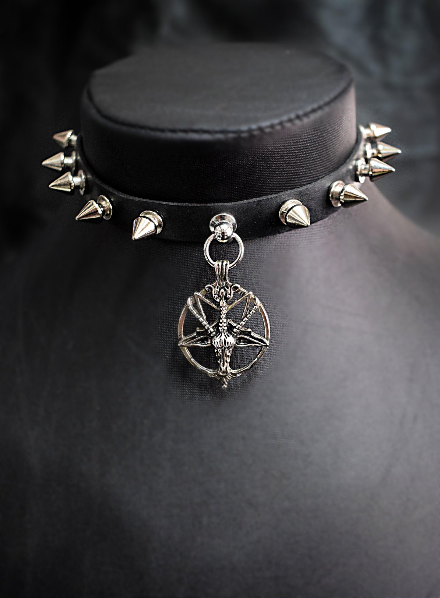 Faux Leather Spikes studs choker necklace Goat Baphomet Pentagram  - Antichrist  Satanic  pendant - pentagram choke