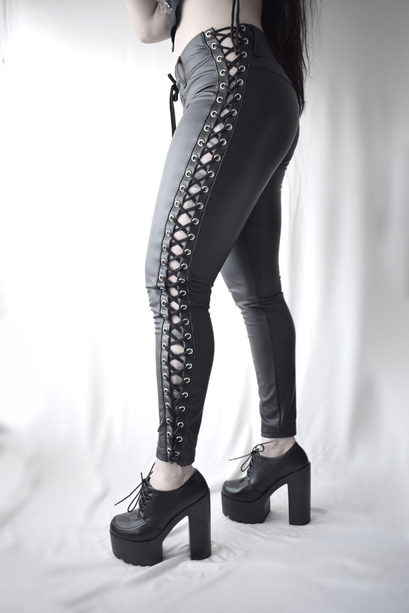 Handcrafted Faux Leather Leggings,stretchy ,Lace-Up Side Leggings, heavy metal aesthetic. - Finedaytodie