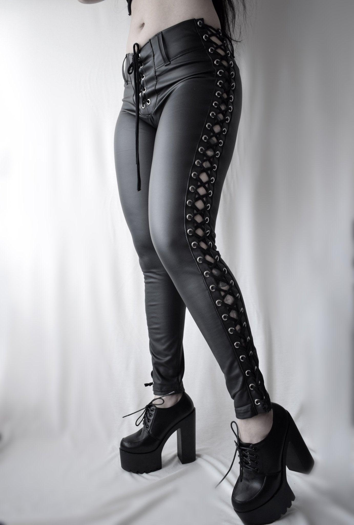 Handcrafted Faux Leather Leggings,stretchy ,Lace-Up Side Leggings, heavy metal aesthetic. - Finedaytodie
