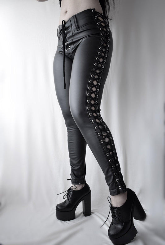 Handcrafted Faux Leather Leggings,stretchy ,Lace-Up Side Leggings, heavy metal aesthetic. - Finedaytodie