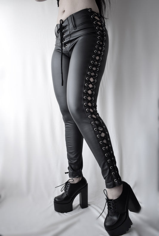 Handcrafted  Faux Leather Leggings,stretchy ,Lace-Up Side Leggings, heavy metal aesthetic.