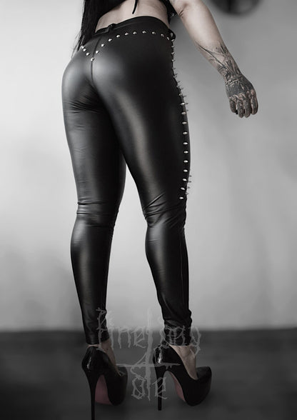 Handcrafted  Faux Leather Leggings,stretchy ,silver brass studs and spikes , heavy metal aesthetic.