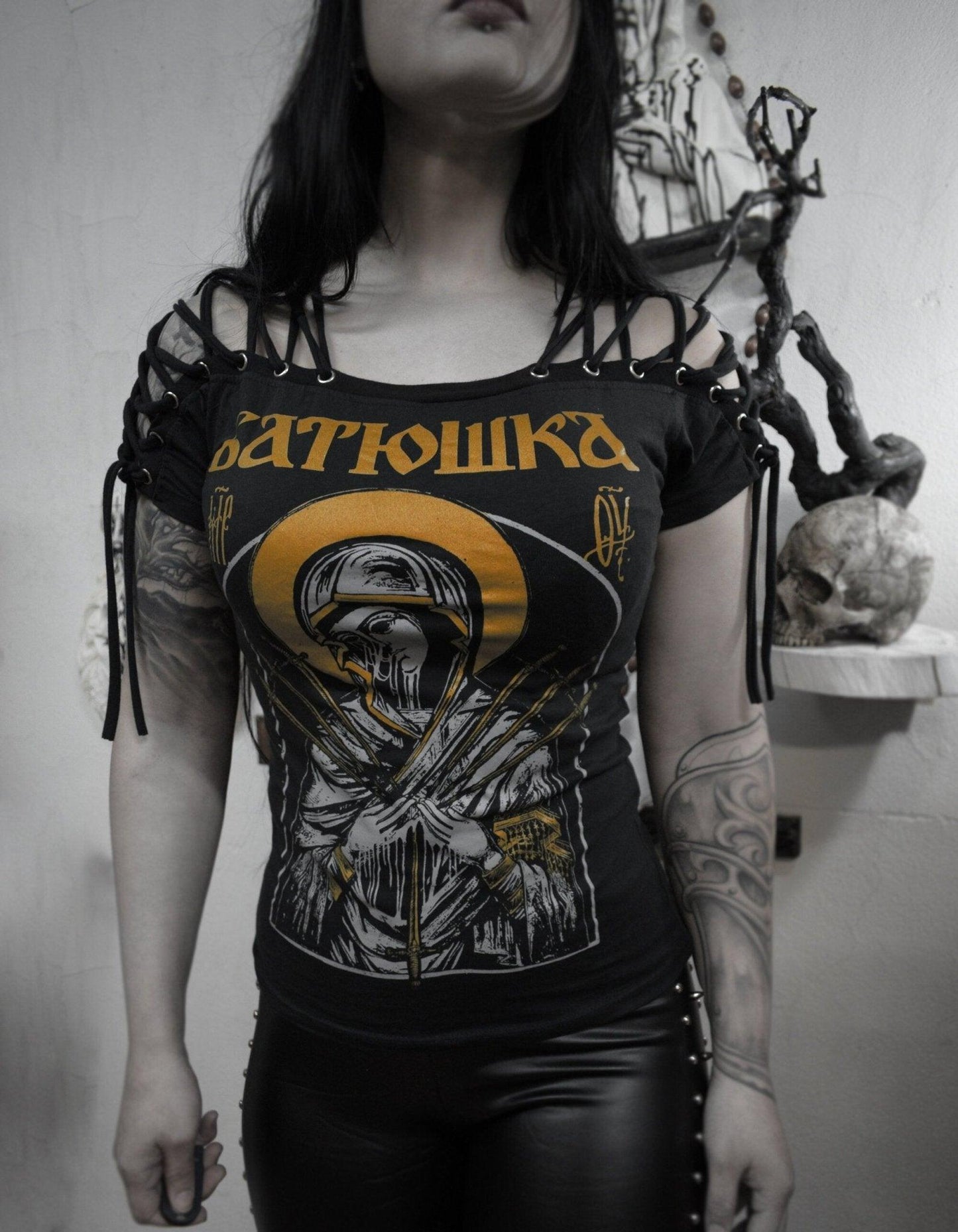 Batushka tshirt ⇹ БАТЮШКА black metal Lace Up Eyelet Off Shoulder ⇹ Batushka black metal t shirt ⇹ black metal - Finedaytodie