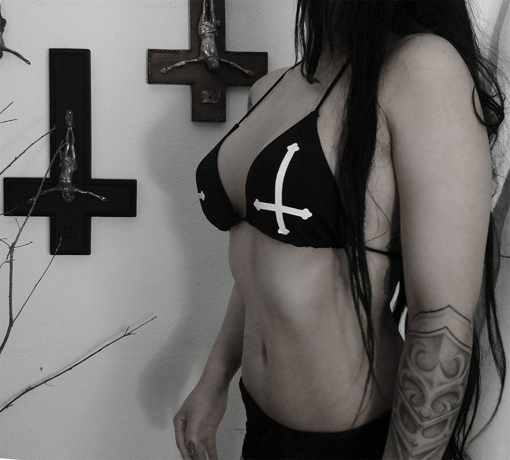 Inverted cross top bikini - Satanic Swimsuit- Upside cross -Satanist Swimwear - Baphomet Bikini - Black metal