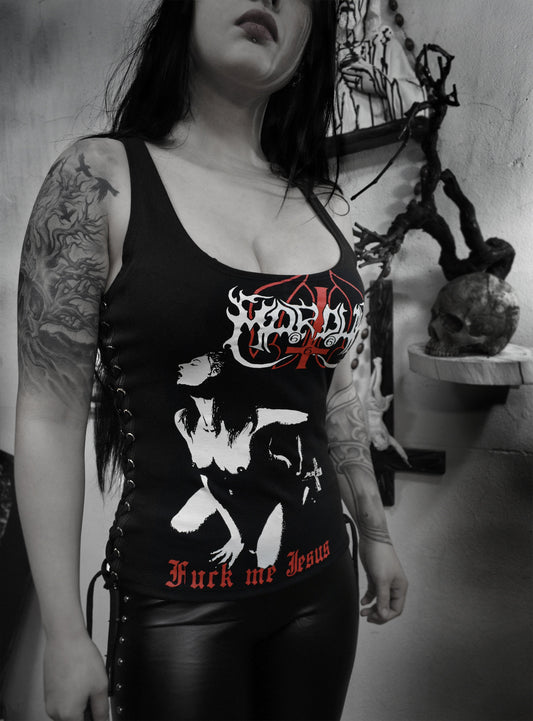 Marduk Fuck me Jesus Top Shirt ⇹ Black Lace-up Sides Tank Top ⇹ Marduk Black metal shirt