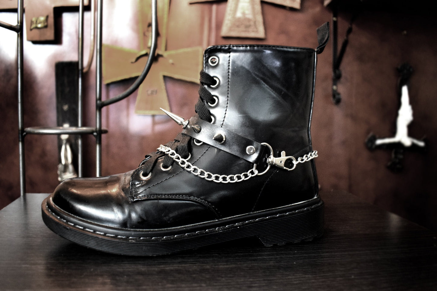 Handmade Faux leather strap boot ⇹ Vegan leather spiked harness ⇹ chain and spikes strap boots