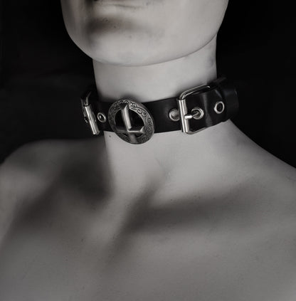 Inverted crucifix choker ※ Upside down cross ※ Scalloped Concho cross ※ buckle leather choker ※ Antichrist necklace