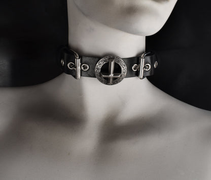 Inverted crucifix choker ※ Upside down cross ※ Scalloped Concho cross ※ buckle leather choker ※ Antichrist necklace