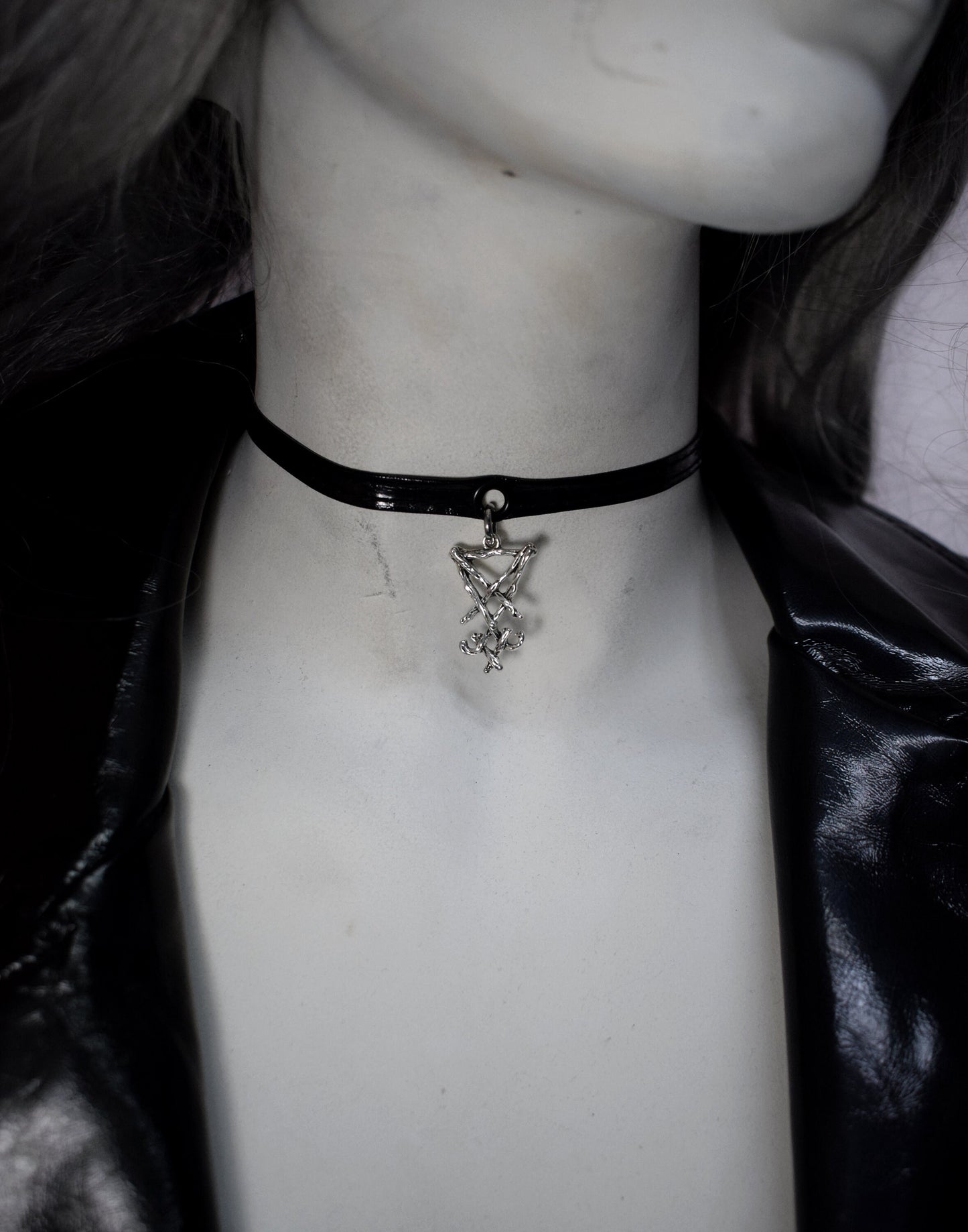 PVC Vegan Leather choker necklace Leviathan Necklace - Antichrist Satanic cross pendant - Lucifer sigil pentagram choker
