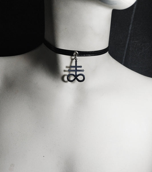PVC Vegan Leather choker necklace Leviathan Necklace - Antichrist Satanic cross pendant - Lucifer sigil pentagram choker