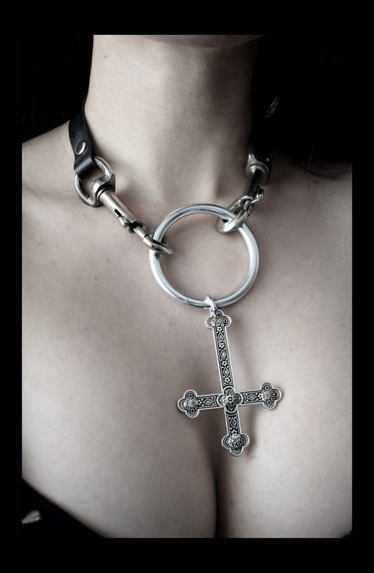 Upside-down cross choker Lobster clip design and buckle closure. O- ring Antichrist necklace inverted cross.