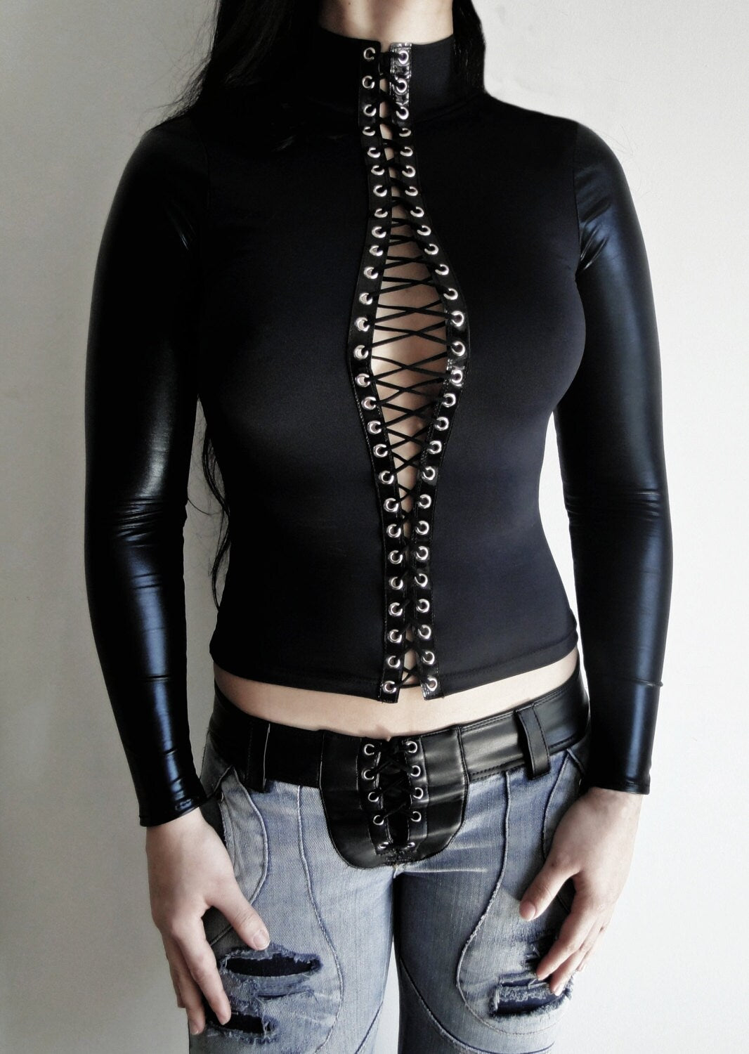 Pvc Sexy Black laced up top,latex Long Sleeve shirt corset style lace up top pvc top latex look